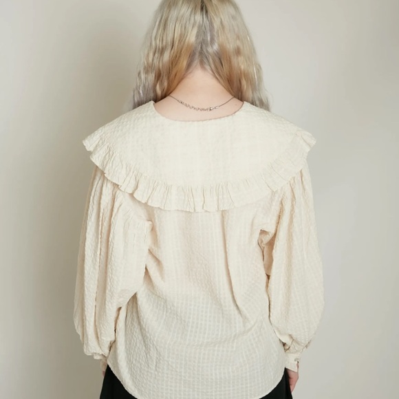 Beams Boy O.Big ruffled collar blouse, one size, blue check - Picture 9 of 11